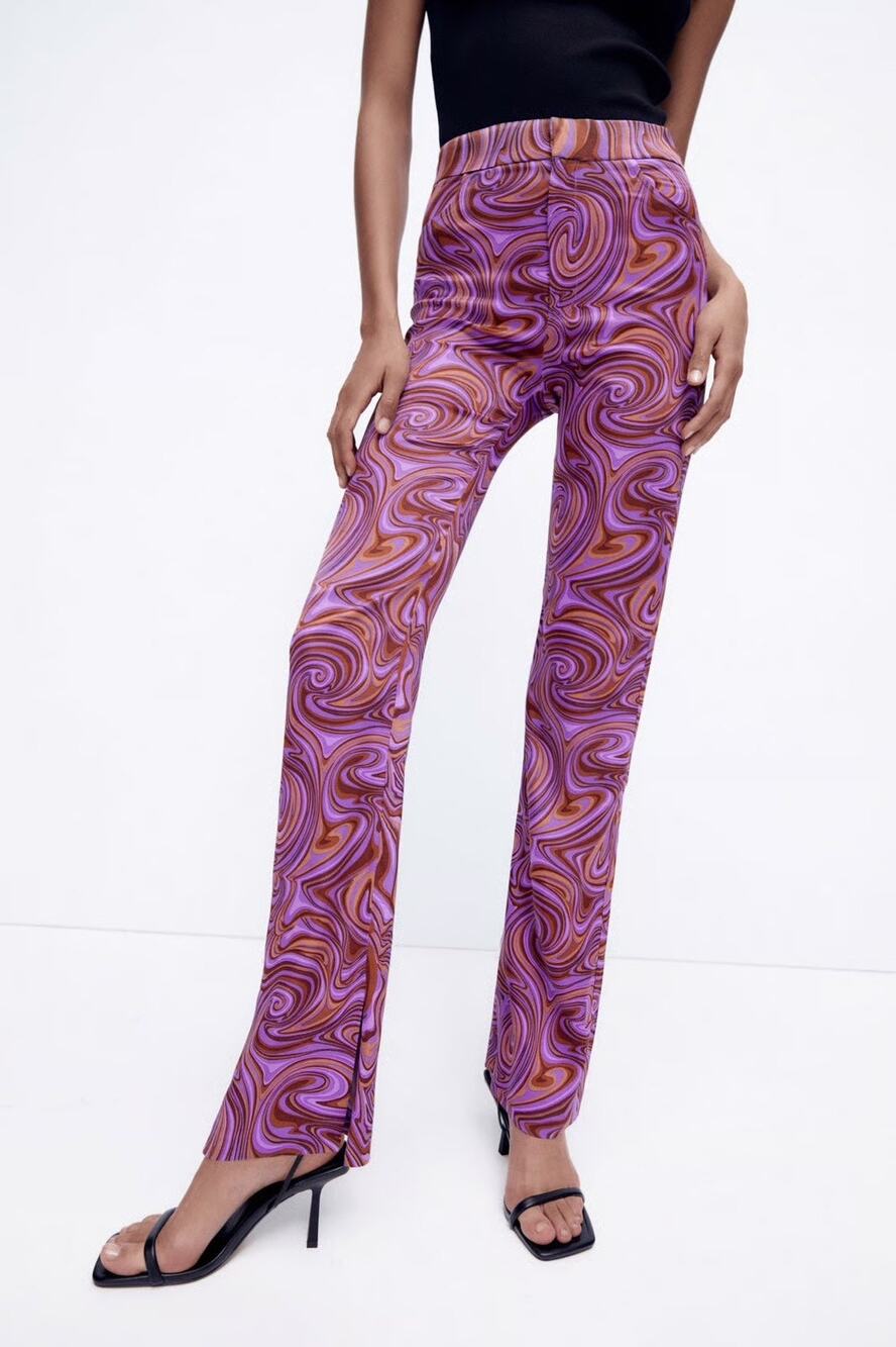 Zara Purple Orange Swirl 70s Retro Silky Straight Leg Pants Women's size Small